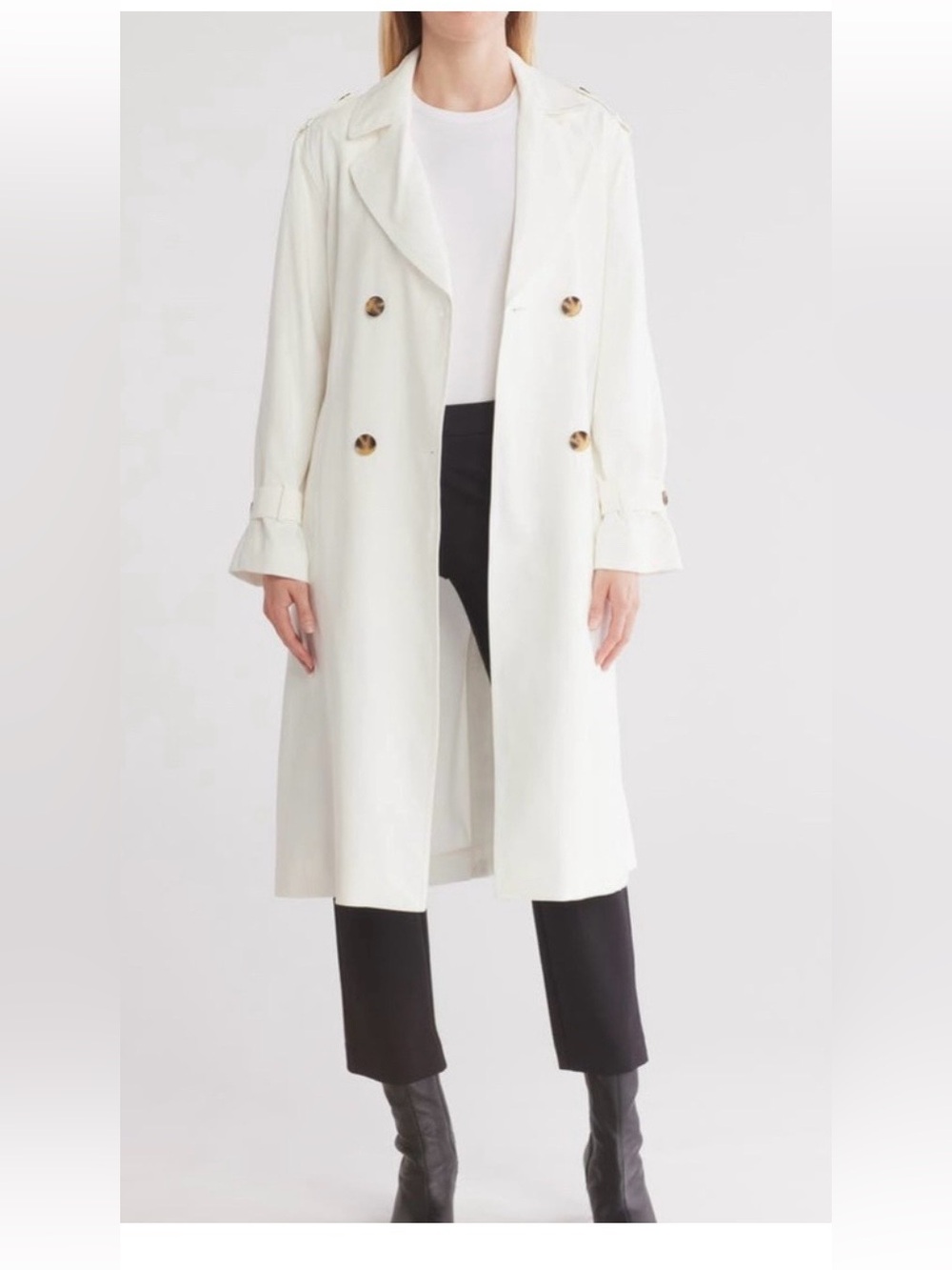 Tahari White Double-Breasted Belted Trench